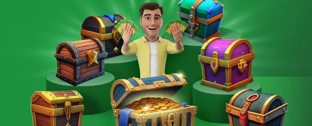 A 3D animated Joe Fortune character smiling in a yellow shirt holding stacks of cash while standing among several colourful treasure chests. One chest in the foreground is open, overflowing with gold coins. All on a glowing bright green background.