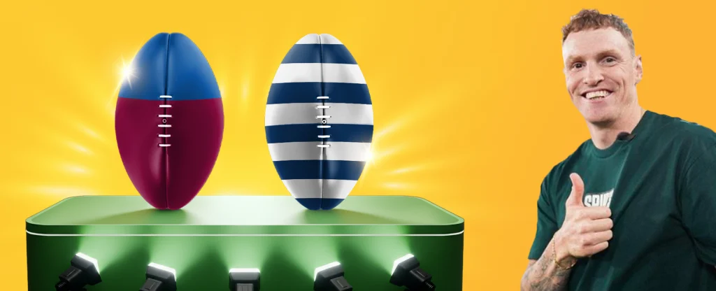 Mitch Robinson AFL Roundup with Brisbane Lions and Geelong Cats footballs on spotlight podium, AFL finals preview graphic.