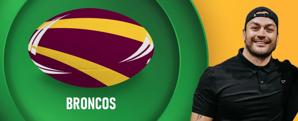 Alex Glenn next to rugby ball in brisbane broncos colours