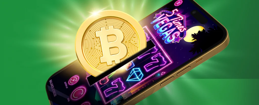A large golden Bitcoin coin being inserted into a coin slot on a smartphone, with glowing light effects on a bright green background.