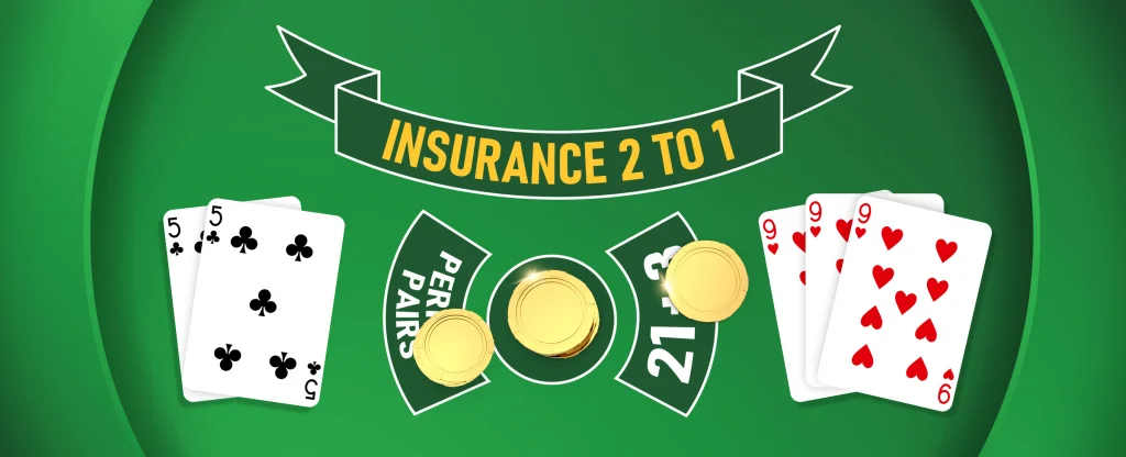 A blackjack table layout with a green background displaying two sets of cards: a pair of 5 of clubs on the left and a pair of 9 of hearts on the right. Gold chips are placed on the "Perfect Pairs" and "21+3" side bet areas. A banner above reads "INSURANCE 2 TO 1" in bold yellow text.