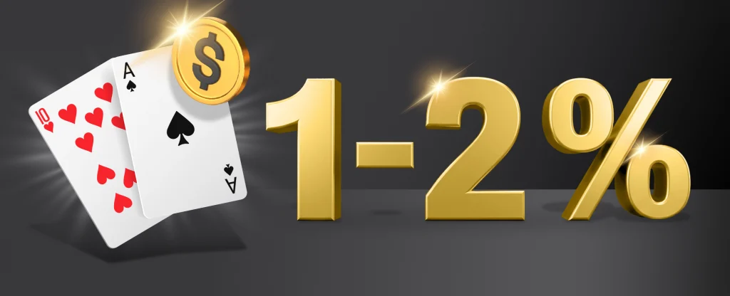 Two playing cards showing a 10 and an Ace feature alongside the text ‘1-2%’. On a dark background