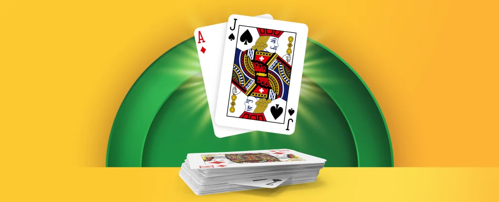 A deck of cards displays an Ace and a Jack making a 21 combination. On a yellow background.