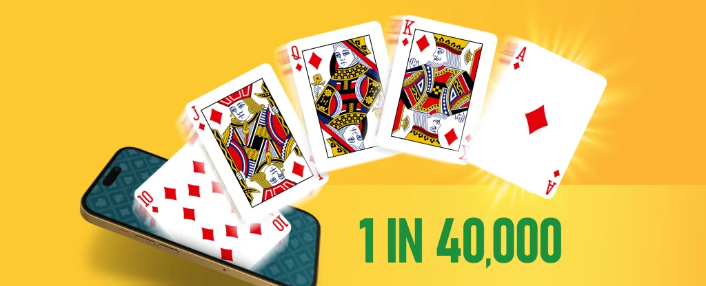 Playing cards in a royal flush in diamonds (10, J, Q, K, A) appears to emerge from a smartphone screen on a yellow background. The text "1 in 40,000" is displayed in green.