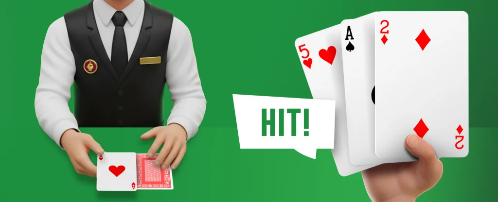 A cartoon style dealer in a black vest deals cards at a green blackjack table, while a player’s hand holding a 5 of hearts, Ace of spades, and 2 of diamonds is shown with a speech bubble that reads “HIT!” on a bright green background.