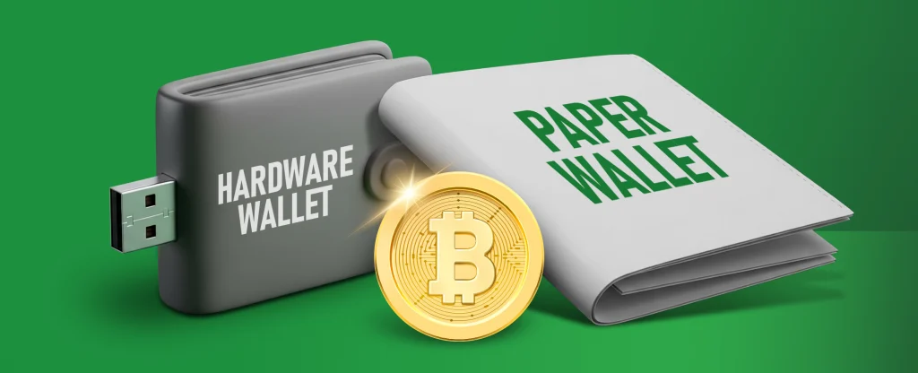 A grey hardware wallet shaped like a USB stick sits beside a folded white paper wallet, both labelled in bold green text. A large golden Bitcoin coin is displayed in front, on a bright green background.