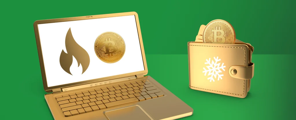 A golden laptop and a golden wallet on a bright green background. The laptop screen shows a flame icon beside a Bitcoin symbol, representing a “hot wallet.” Next to it, the golden wallet displays a snowflake icon with Bitcoin coins sticking out, representing a “cold wallet.”