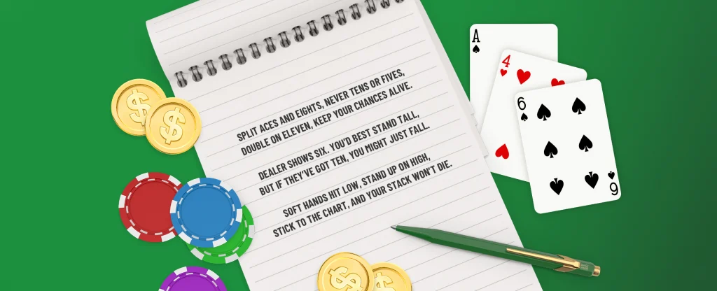 The image displays a notepad with Blackjack strategies written on it. Some playing cards, golden dollar coins and a pen also feature. On a green background.