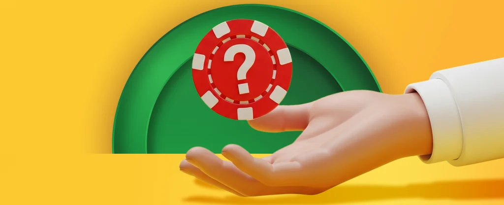 A hand holds a red casino chip with a white question mark in the center on a bright yellow and green background.
