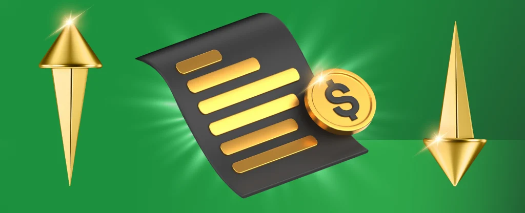 A black and gold note pad features alongside a gold dollar coin and two arrows pointing up and down. On a green background. 