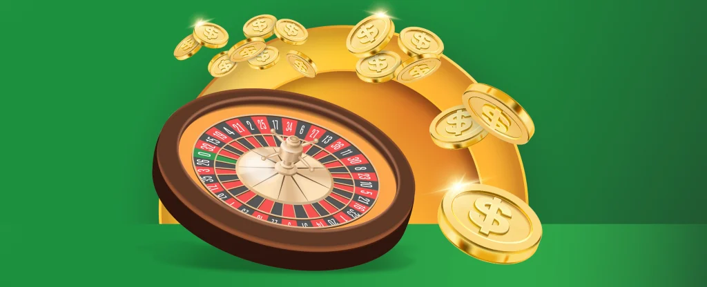 A roulette wheel and gold dollar coins feature on a green background.