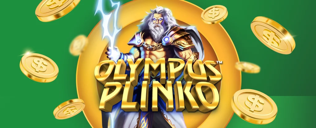Zeus features on a green and yellow background with gold coins and the title Olympus plinko