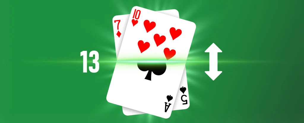 Four overlapping playing cards, a 10 of hearts, 7 of diamonds, Ace of spades, and 5 of spades on a bright green background. The number “13” appears to the left of the cards, with a white double-headed arrow on the right.