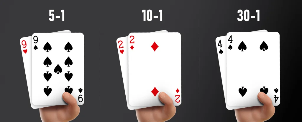 Three hands each holding a pair of playing cards showing different payout odds for side bets in blackjack. From left to right: a 9 of spades and 9 of hearts for a 5-1 payout, two 2s (hearts and diamonds) for a 10-1 payout, and two 4s of spades for a 30-1 payout. All on a dark background.