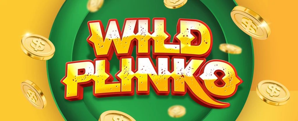 wild plinko title features on a green and yellow background with gold coins