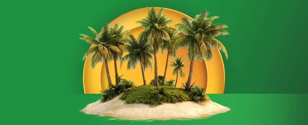 A tropical island scene is centred on a green background.