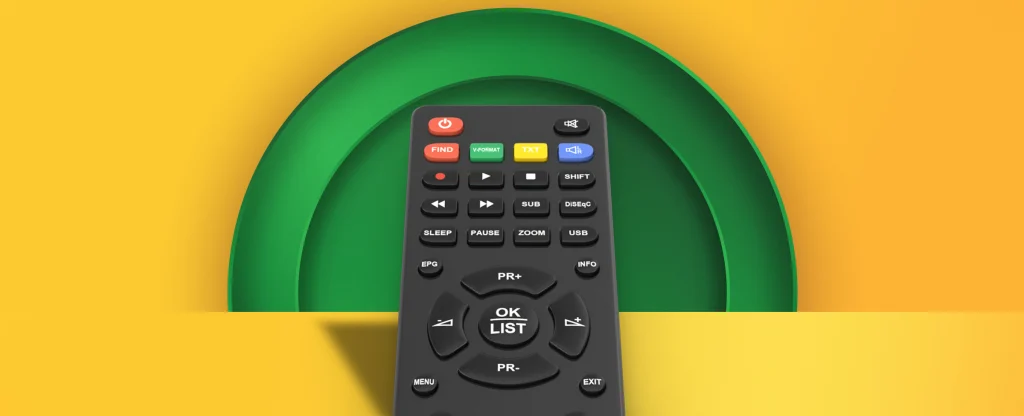 A television remote controller is centred on a yellow background.