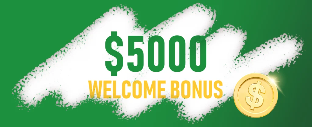 The text reads ‘$5,000 Welcome Bonus’ in a scratchie style, a gold dollar coin also features. On a green background.
