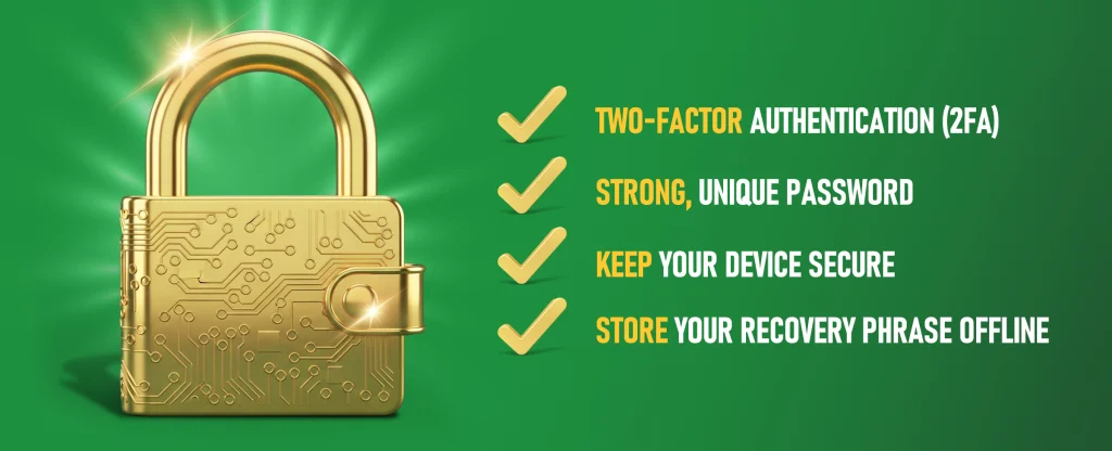 A gold padlock with a circuit design beside a checklist reading: Two-Factor Authentication (2FA), Strong Unique Password, Keep Your Device Secure, Store Your Recovery Phrase Offline. All on a bright green background.