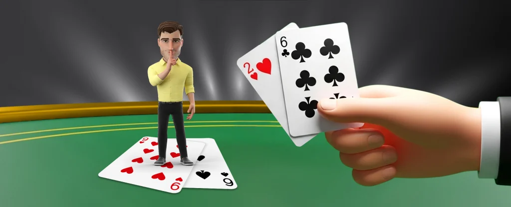 The cartoon Joe Fortune character in a yellow shirt standing on a pair of cards showing two 9s on a green blackjack table, holding a finger to his lips as if signalling to stay quiet. In the foreground, a hand is holding a 2 of hearts and 6 of clubs.