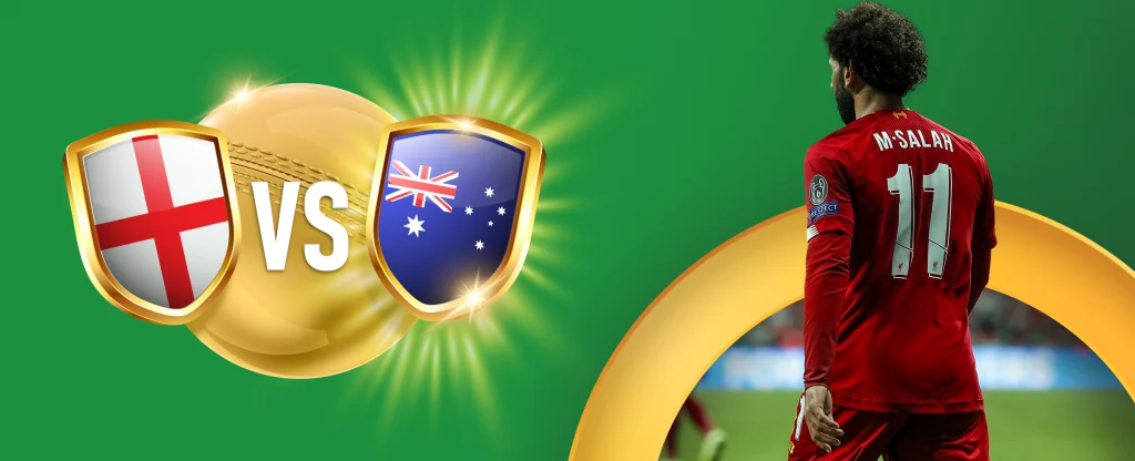 A football match between England and Australia, represented by their national shields with the respective flags. In the background, Mohamed Salah of Liverpool FC is seen wearing his red kit, number 11, and standing with his back to the camera on a green background.