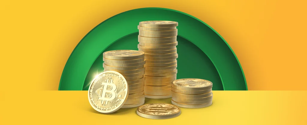 A stack of gold Bitcoin tokens features on a yellow background.