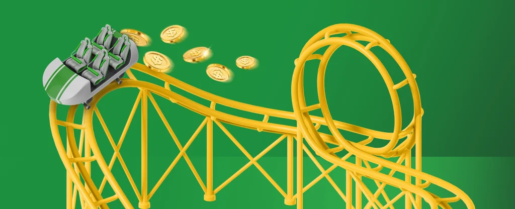 A rollercoaster track and car features. The car has gold dollar coins falling out of it. On a green background.