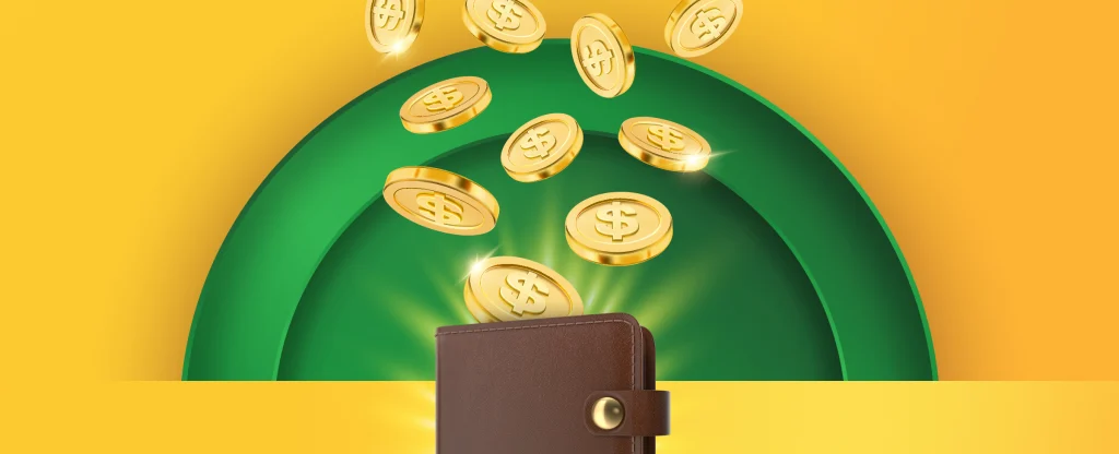 A brown wallet with gold dollar coins bursting out of it, features on a yellow background.