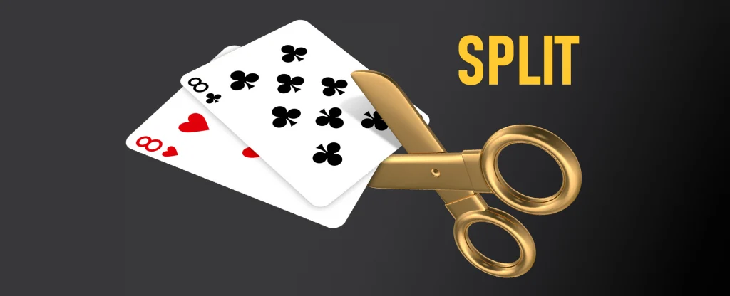 Two ‘8’ cards are being cut in half by a pair of scissors to emphasise you should split this combo of 16. On a dark background.