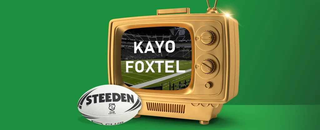A rugby ball and a golden TV unit displaying Kayo and Foxtel features on a green background.