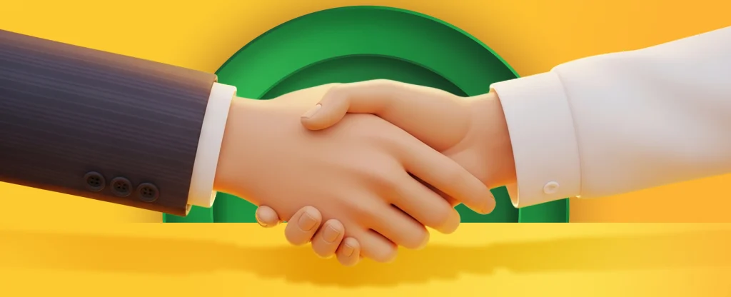 Two hands shaking in agreement, one in a dark suit and the other in a white shirt on a bright green and yellow background.